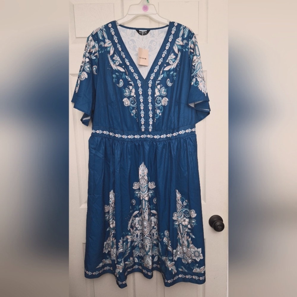 Bloomchic Womens Blue & White Boho Floral Short Sleeve Dress Pockets Size 18